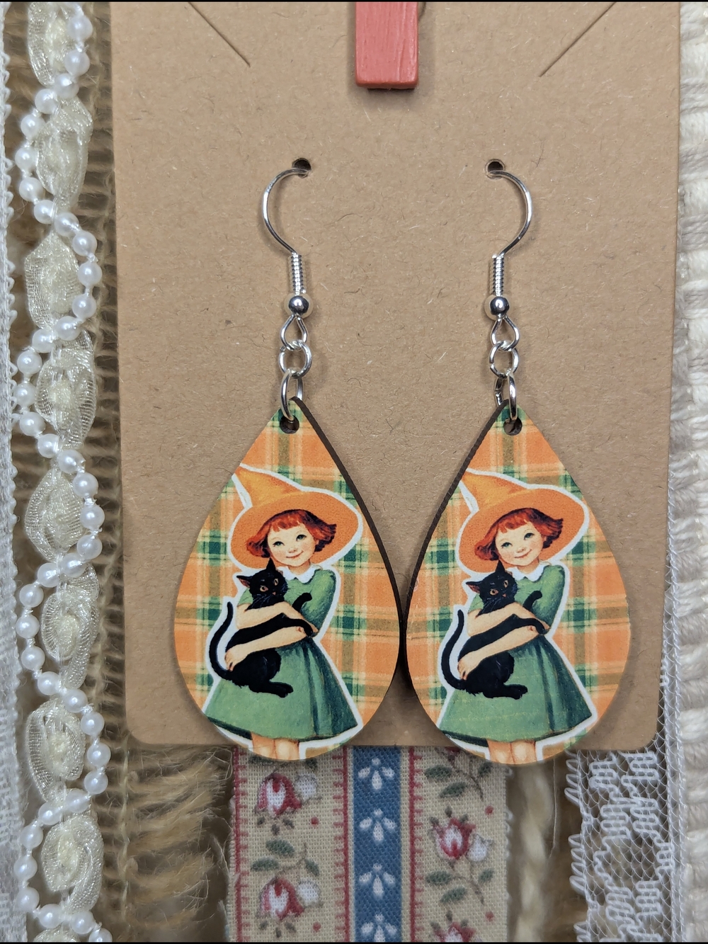 Vintage-Inspired Plaid Teardrop Earrings with Girl & Black Cat